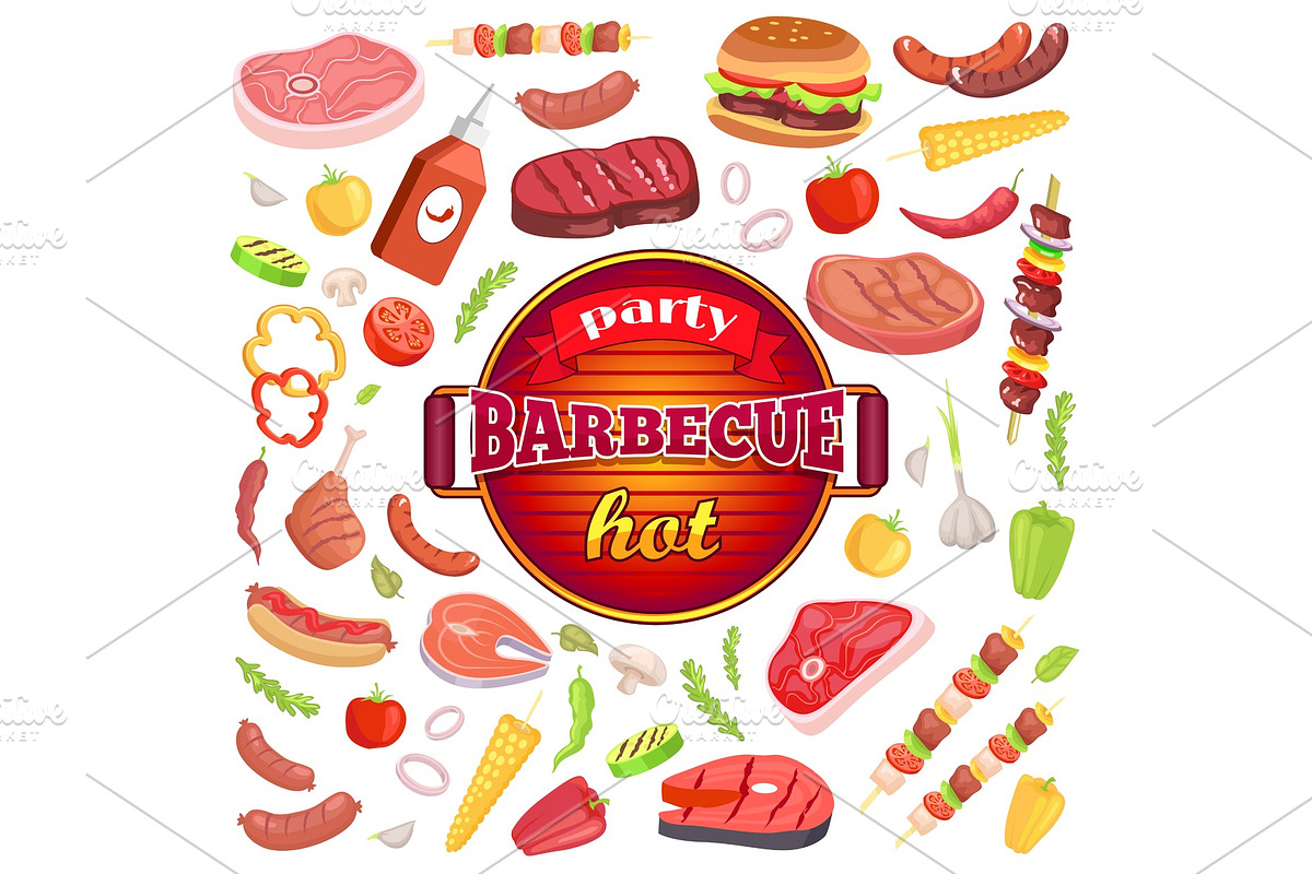 Party Barbecue Hot Icons Set Vector in Illustrations - product preview 8