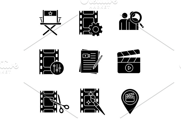 Film industry glyph icons set
