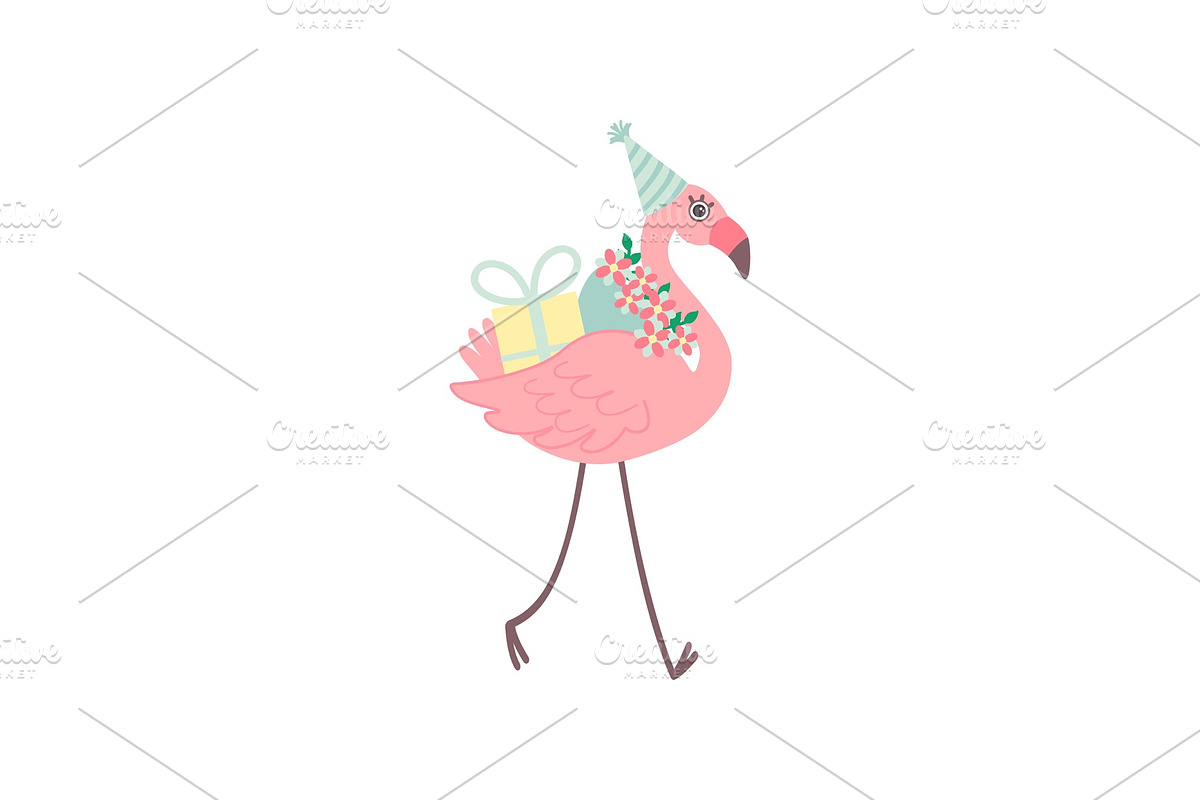 Cute Flamingo Wearing Party Hat in Illustrations - product preview 8