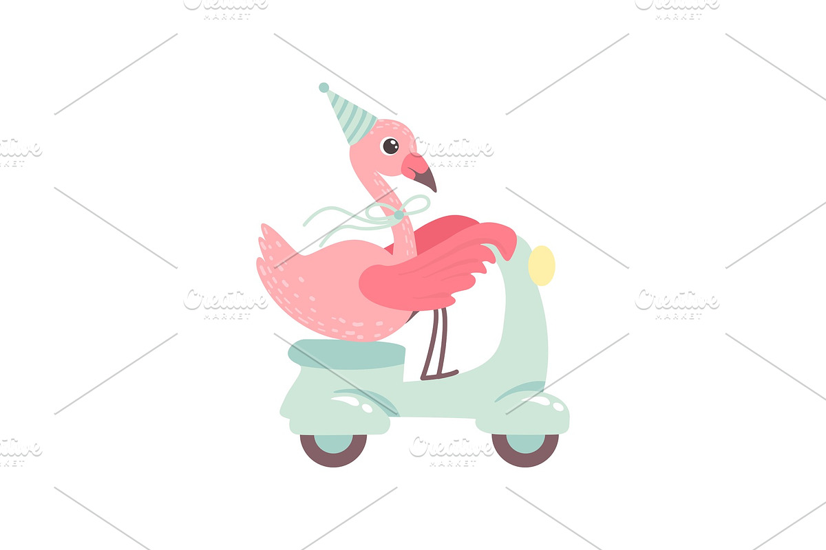 Cute Flamingo Riding Scooter in Illustrations - product preview 8