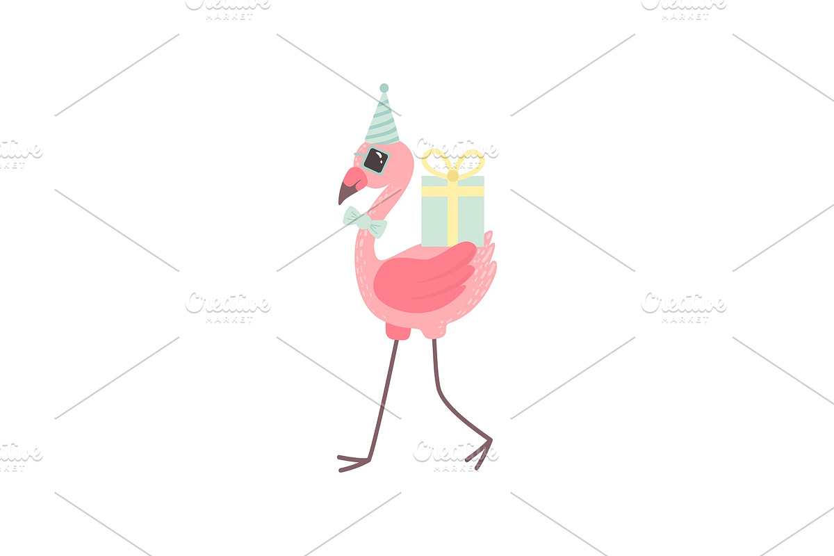 Cute Flamingo Wearing Party Hat and in Illustrations - product preview 8