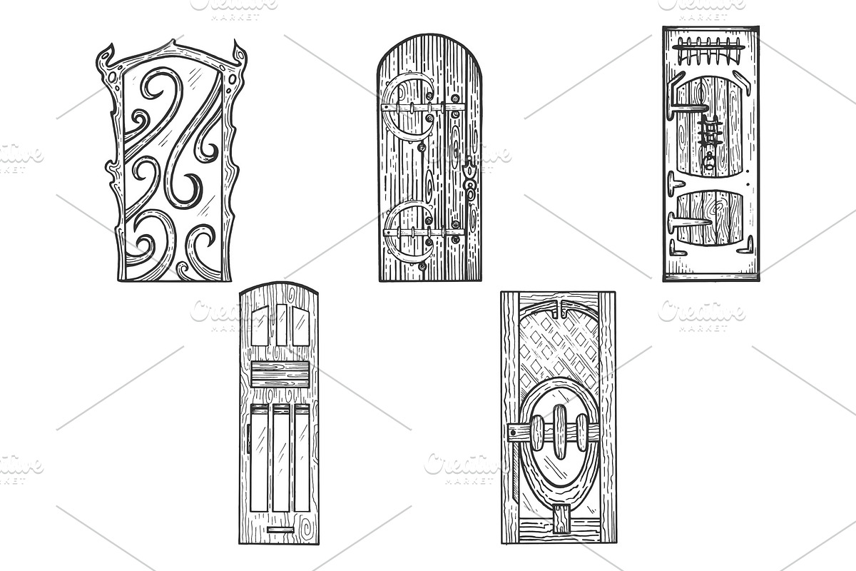 Doors wooden sketch engraving vector in Illustrations - product preview 8