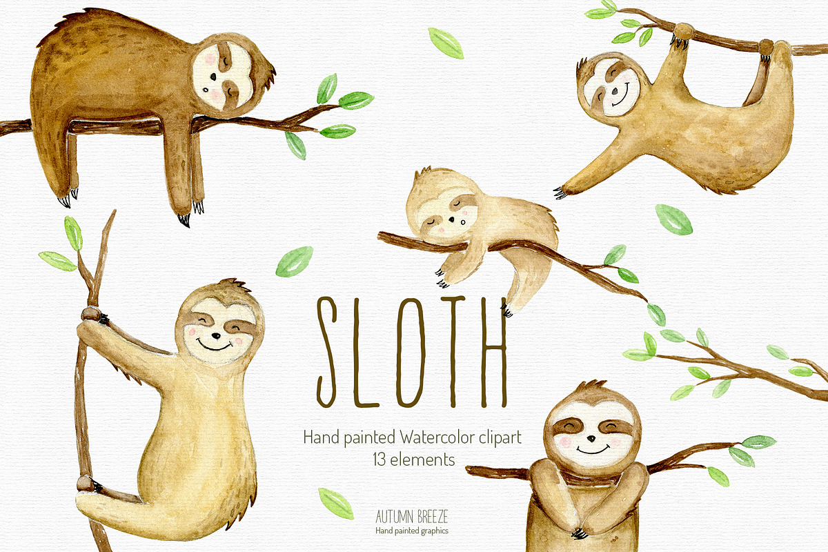 Watercolor sloth clipart in Illustrations - product preview 8
