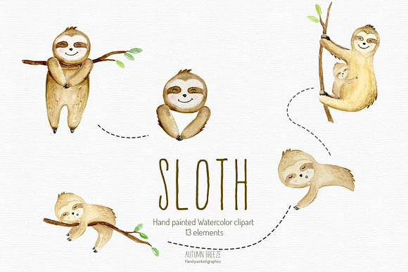 Watercolor sloth clipart in Illustrations - product preview 1