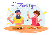 Man and woman eating sushi