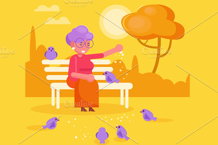 Grandma feeds pigeons