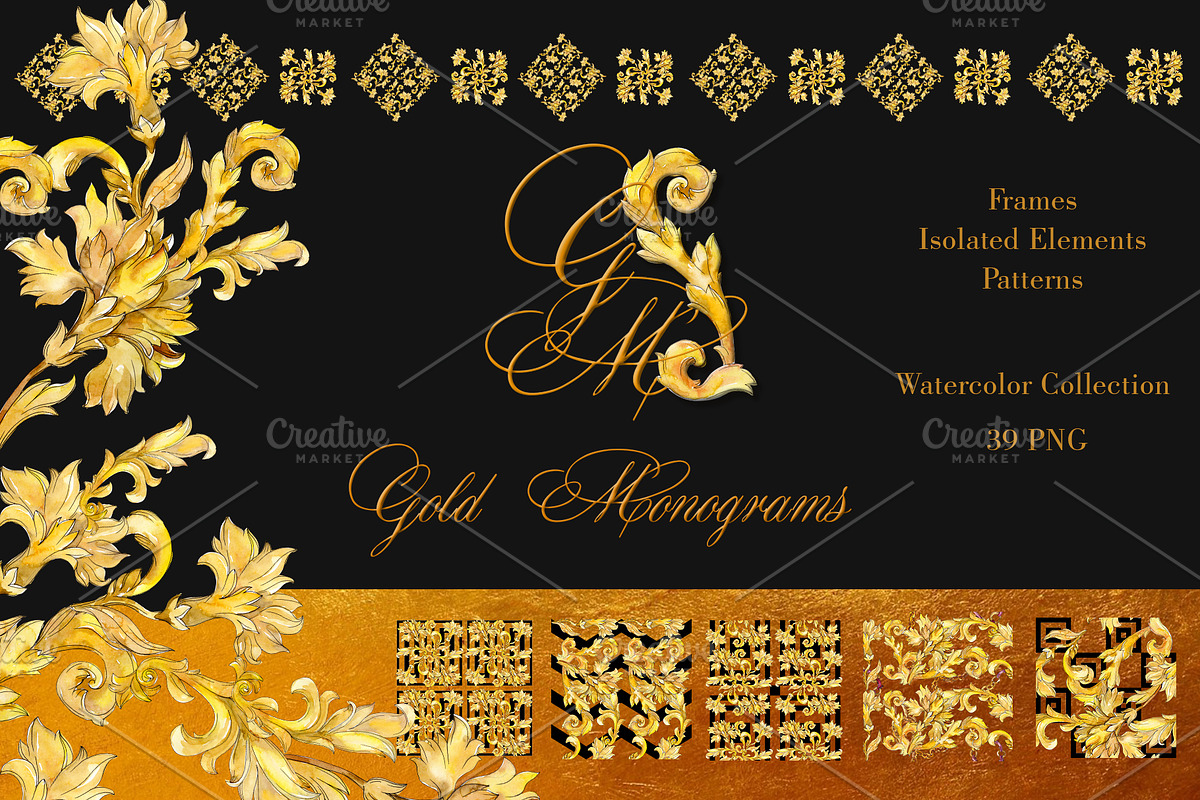 Gold monograms Watercolor png in Illustrations - product preview 8