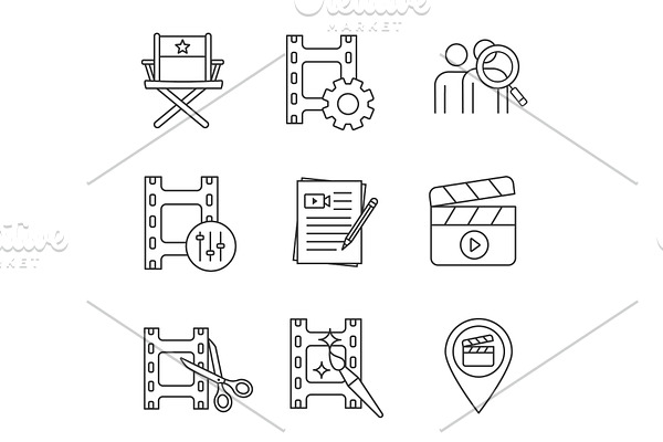 Film industry linear icons set