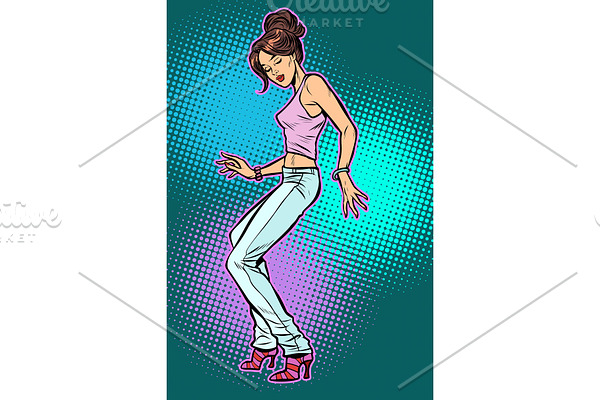 girl in jeans. woman disco dance