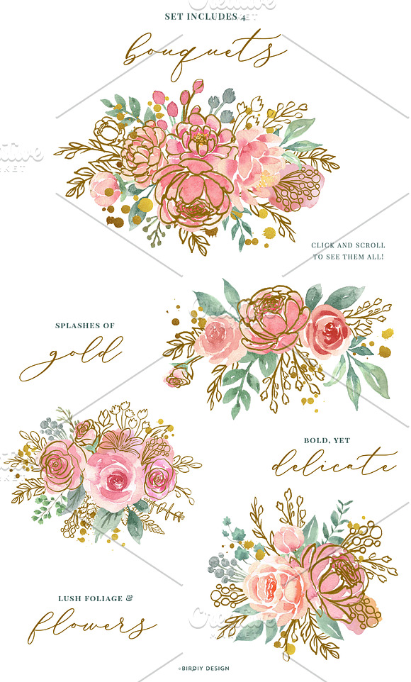 Watercolor Floral Design Kit Gold in Illustrations - product preview 1