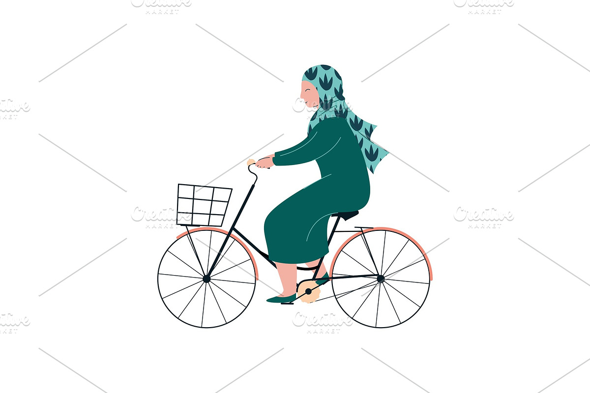 Muslim Woman in Hijab Riding Bike in Illustrations - product preview 8
