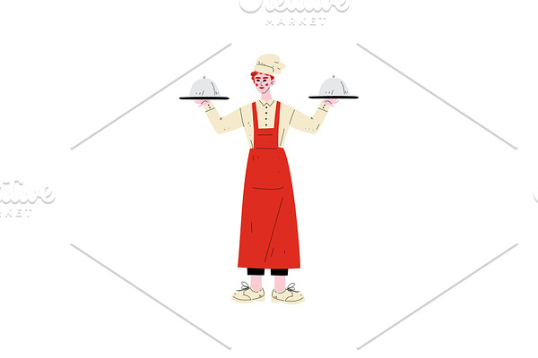 Male Chef Holding Platter Cloches