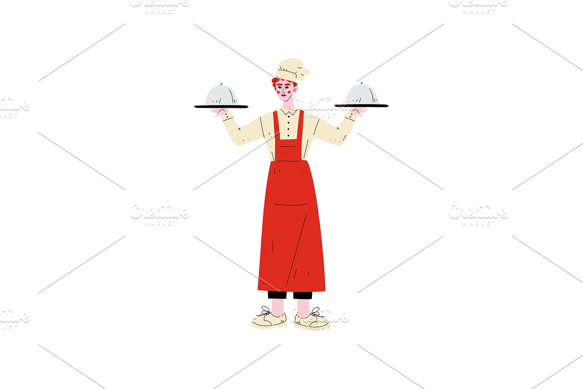 Male Chef Holding Platter Cloches in Illustrations - product preview 8