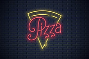 Pizza neon logo on wall vector.