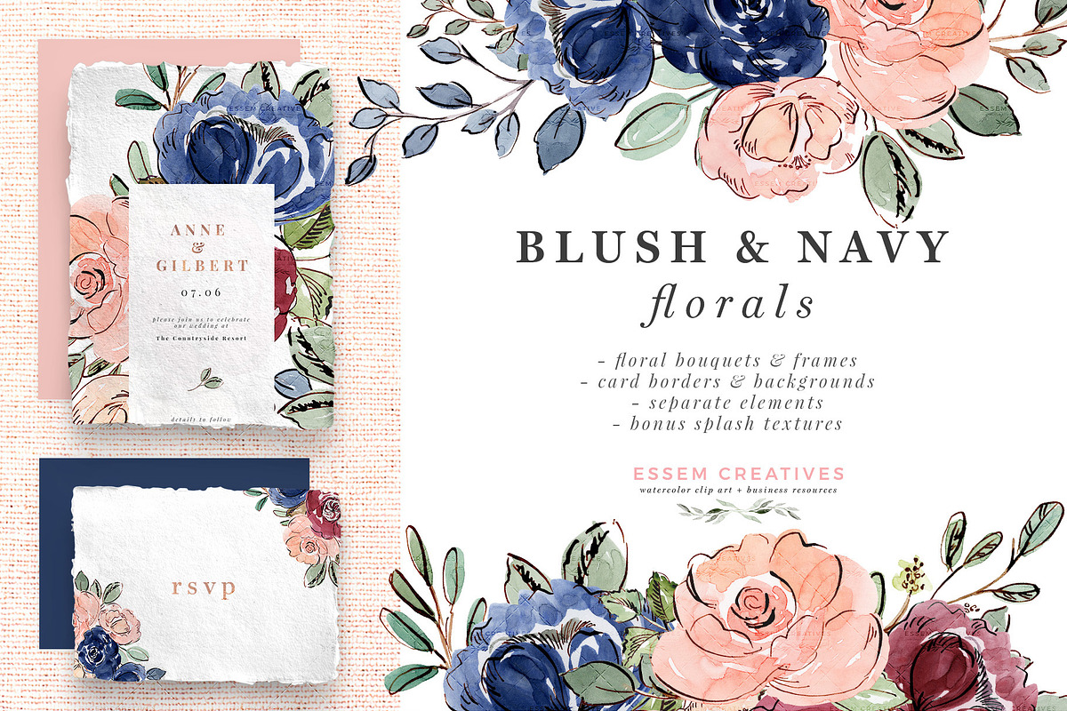 Blush and Navy Watercolor Flowers in Illustrations - product preview 8