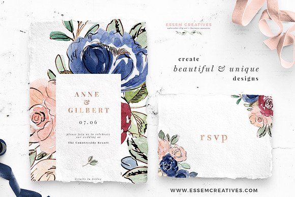 Blush and Navy Watercolor Flowers in Illustrations - product preview 1