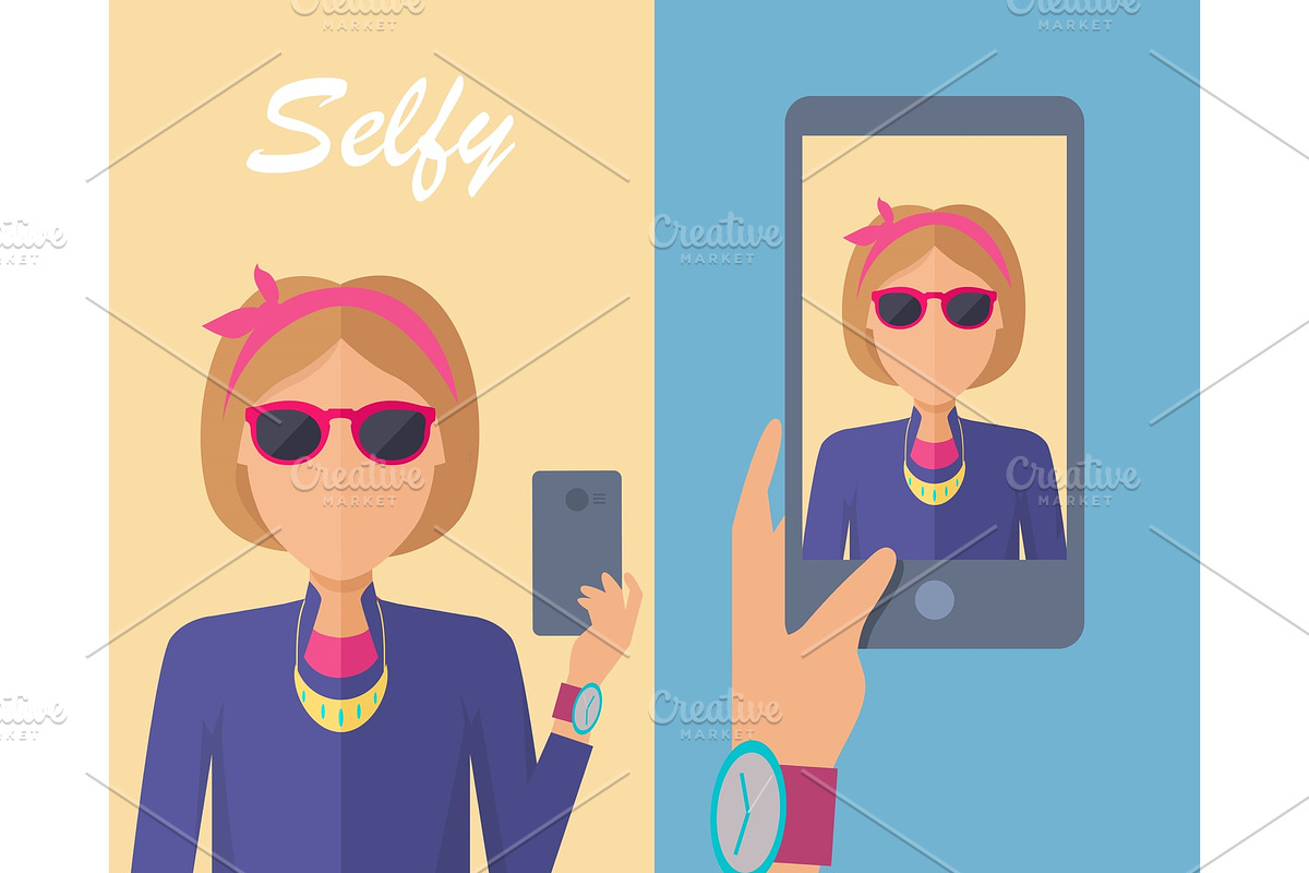 Selfy on Smartphone. Young Woman in Illustrations - product preview 8