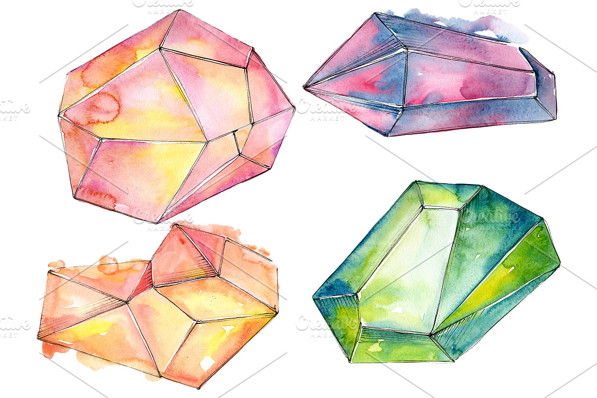 Crystals orange and green Watercolor in Illustrations - product preview 8