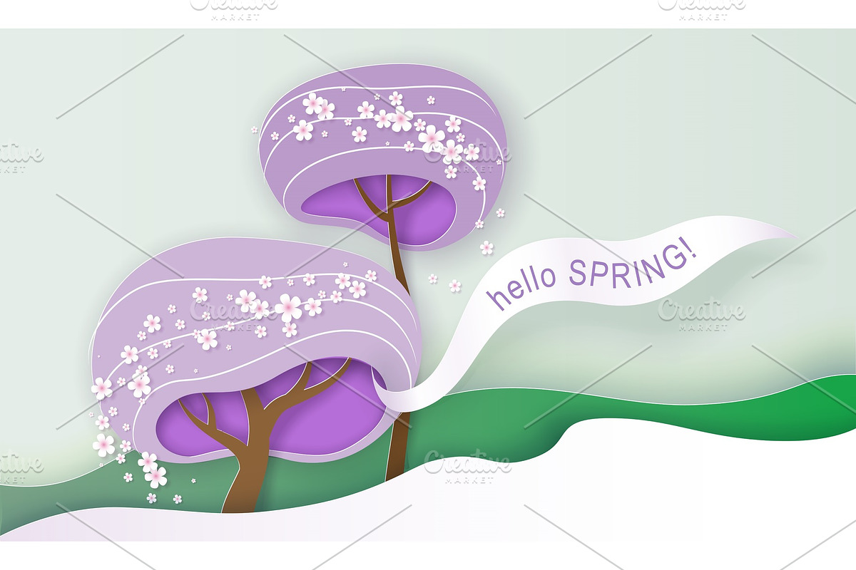 Stylized trees with flowers on wave in Illustrations - product preview 8