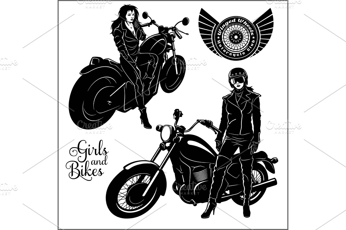 Woman and motorbike - monochrome in Illustrations - product preview 8
