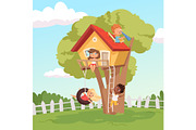 House on tree. Cute children playing