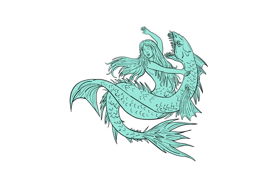 Mermaid Grappling With Sea Serpent