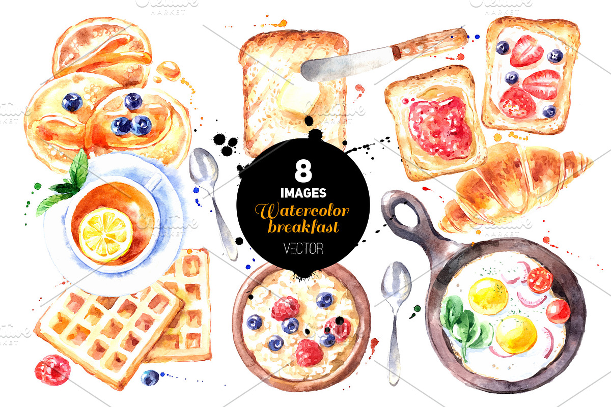 Watercolor Breakfast Vector Set in Illustrations - product preview 8