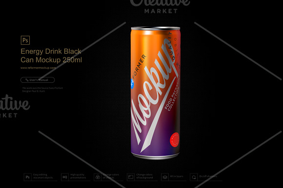 Energy Drink Black Can Mockup 250ml in Product Mockups - product preview 2