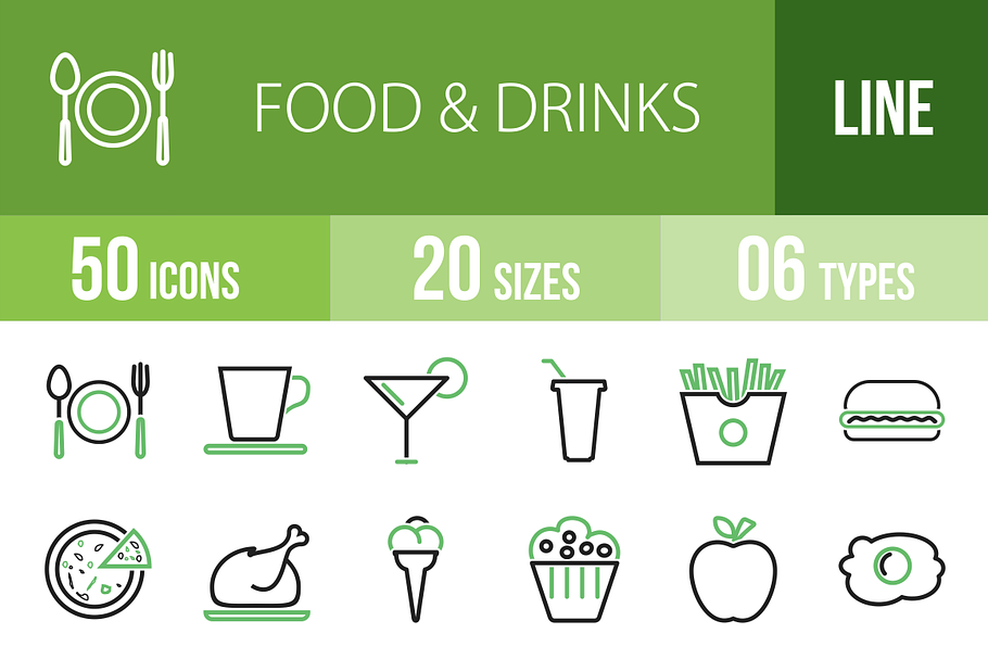 50 Food & Drinks Green & Black Icons