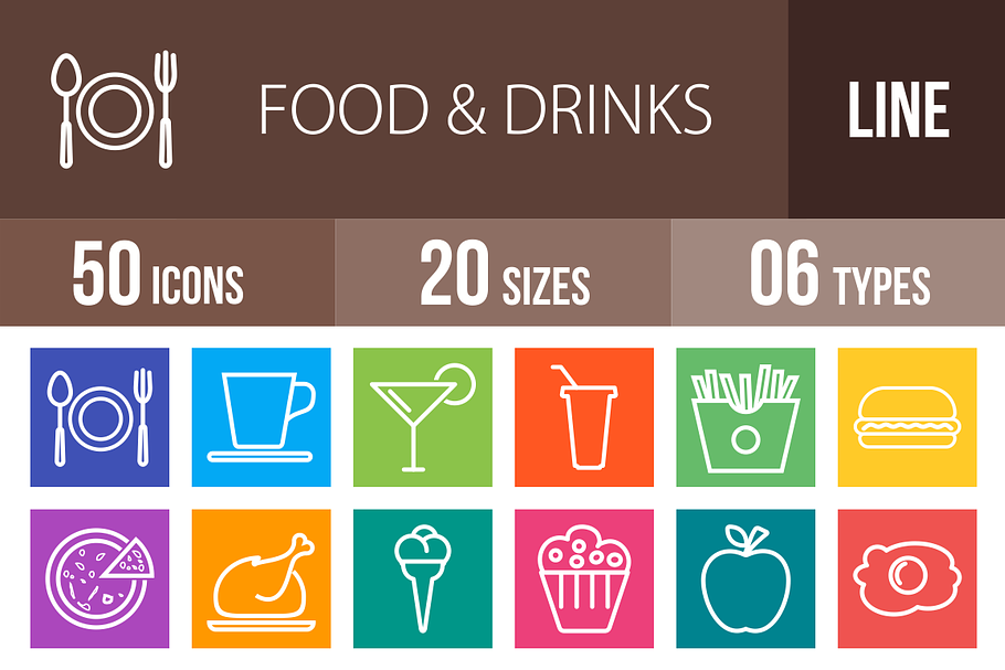 50 Food & Drinks Multicolor Icons