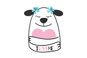 Cute doodle dog hugs heart