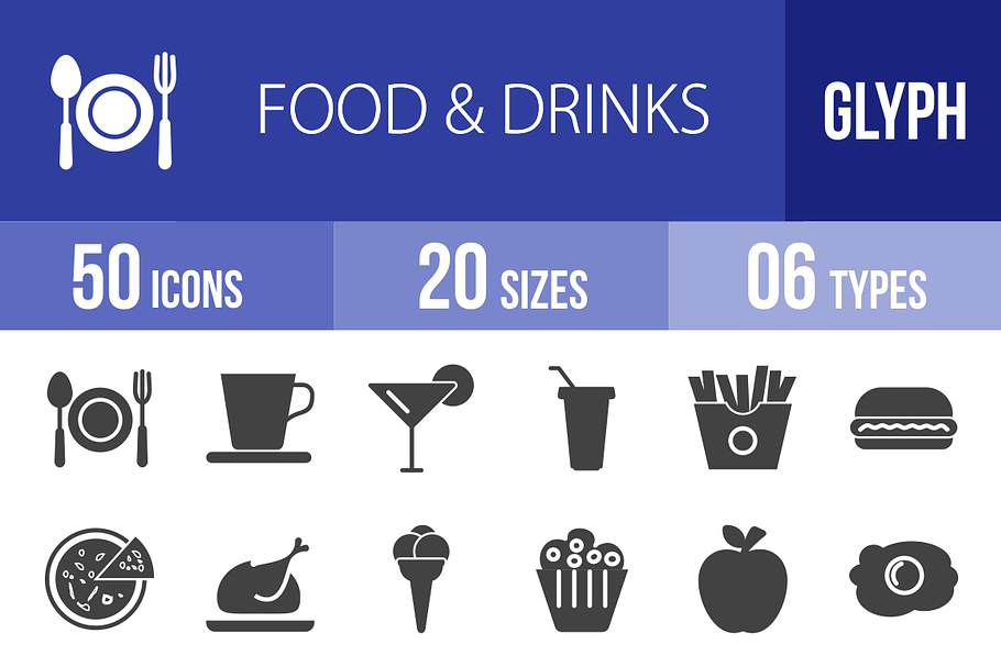 50 Food & Drinks Glyph Icons