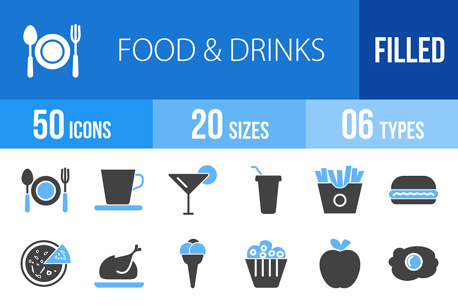 50 Food & Drinks Blue & Black Icons
