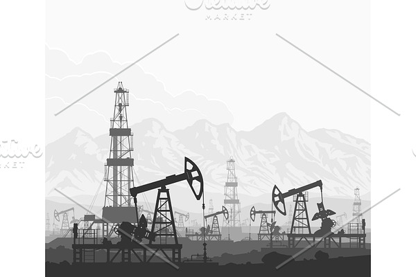 Oil pumps and rigs at large oilfield
