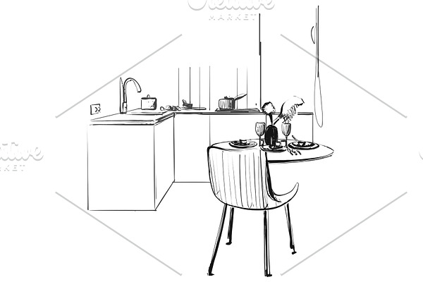 Kitchen interior drawing, vector