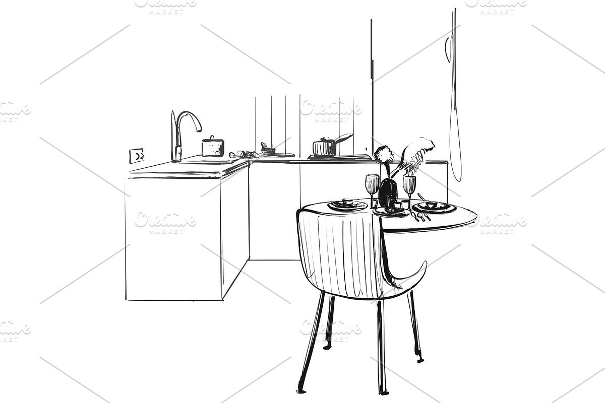Kitchen interior drawing, vector in Illustrations - product preview 8
