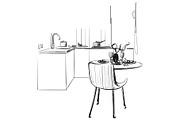 Kitchen interior drawing, vector