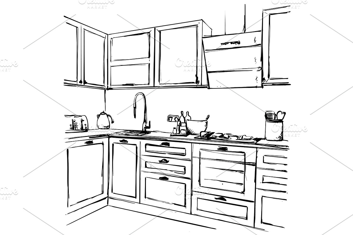 Kitchen interior drawing, vector in Illustrations - product preview 8