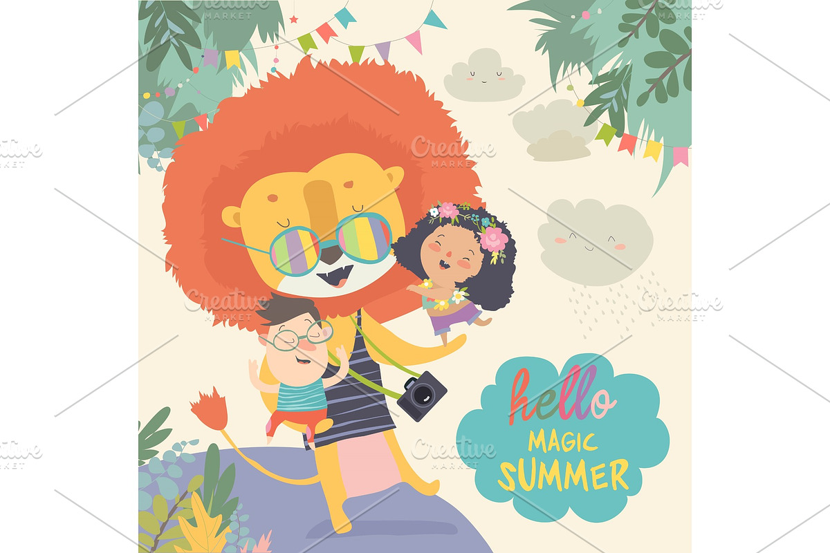Funny lion hugging children. Hello in Illustrations - product preview 8