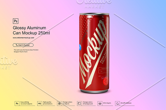 Glossy Aluminum Can Mockup 250ml in Product Mockups - product preview 2