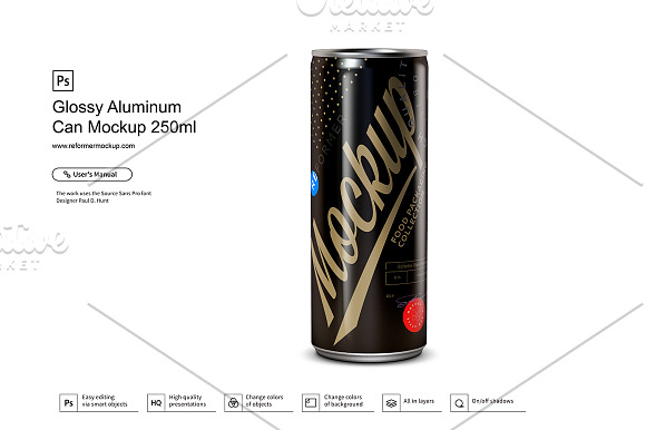 Glossy Aluminum Can Mockup 250ml in Product Mockups - product preview 4