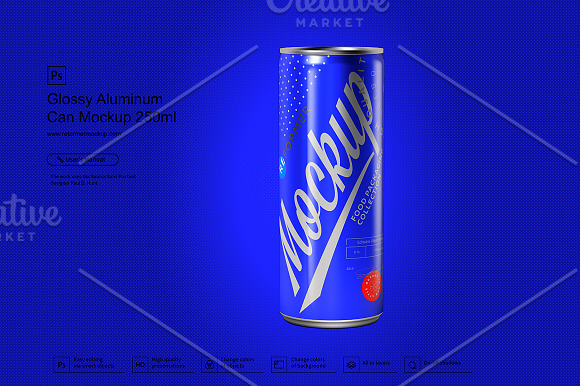 Glossy Aluminum Can Mockup 250ml in Product Mockups - product preview 6