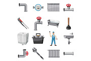 Plumber items icons set, cartoon