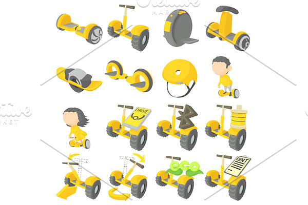 Balancing scooter icons set, cartoon