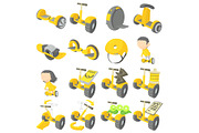 Balancing scooter icons set, cartoon