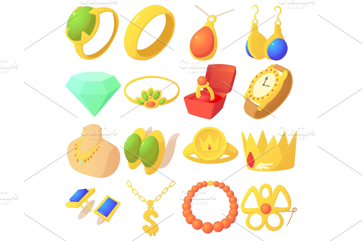 Jewelry items icons set, cartoon in Illustrations - product preview 8