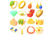 Jewelry items icons set, cartoon
