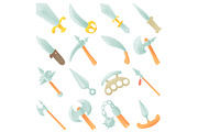 Steel arms items icons set, cartoon