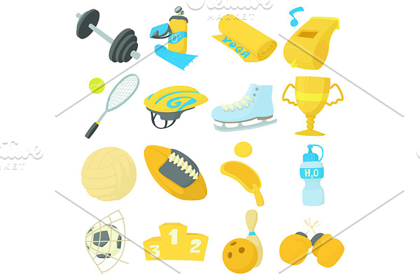 Sport items icons set, cartoon style
