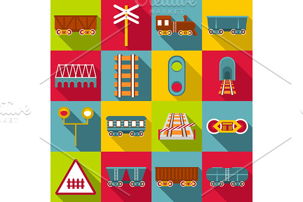 Railroad station items icons set